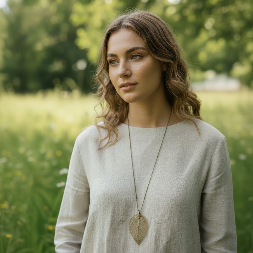 Ein Model trägt das Blattanhänger mit Kette mitten in der Natur