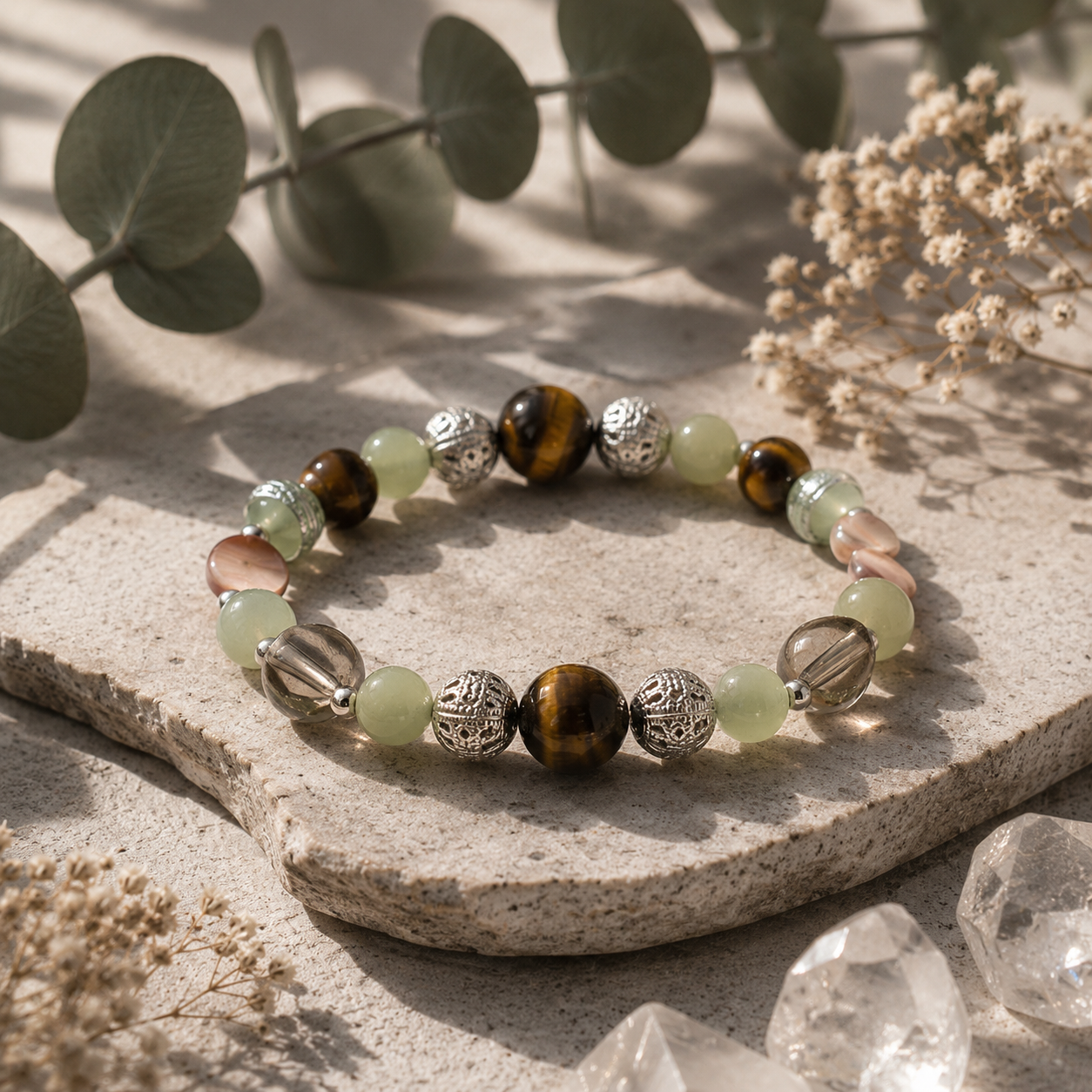 Jade, Perlen, Tiegerauge Armband auf einem Stein