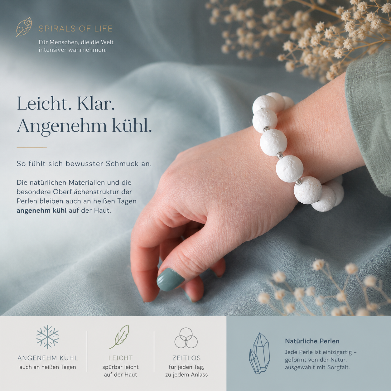 Korallenarmband  am Model mit Beschreibung