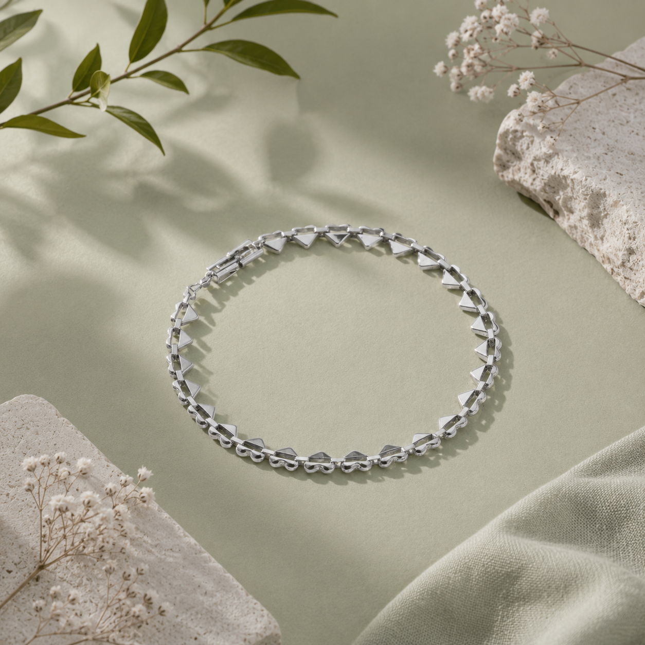 Leichtes Armband mit Herzen auf weichem grünen Stoff und Trockenen Blumen